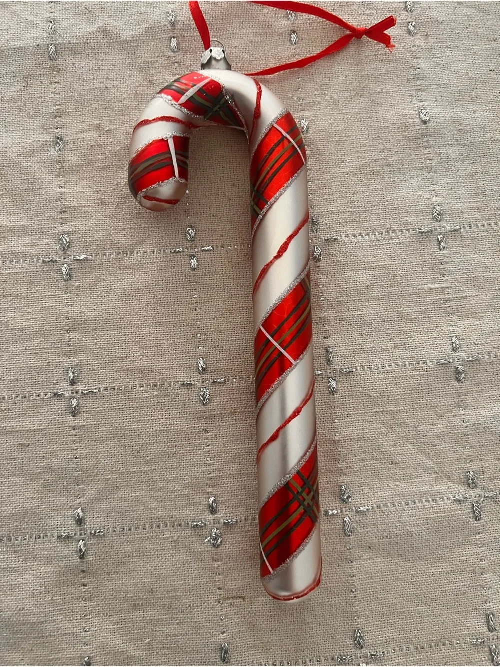 Vintage Hand Decorated Blown Large Candy Cane Ornament